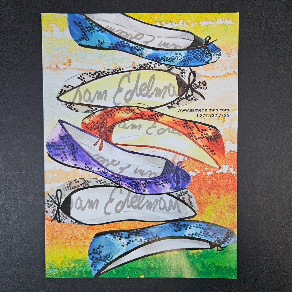 2009 Sam Edelman‎ Shoes Print Ad Flats Watercolor Art Style Blue Purple Orange